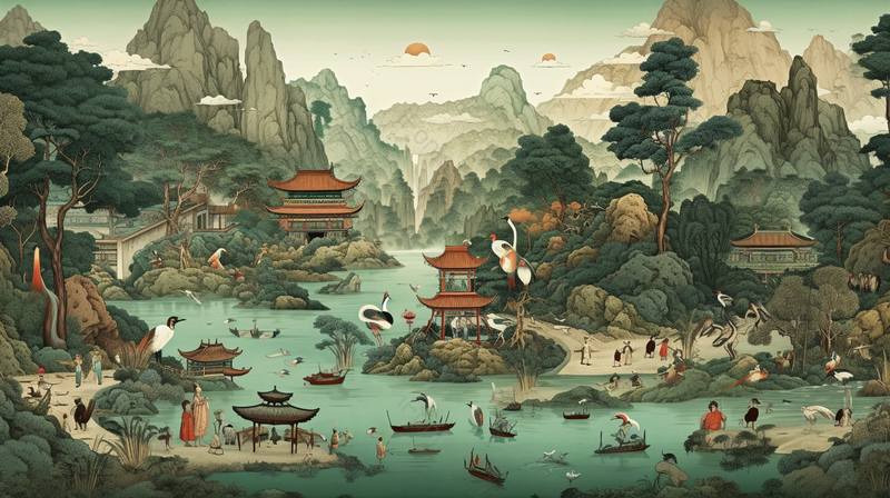 国潮风黄鹤楼地标建筑山水林木站立的白鹤和观景游玩的人插画,插画/手绘图,插画/手绘图库,插画/手绘图下载,插画/手绘
